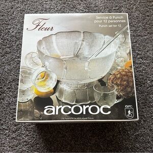 Vintage Arcoroc Fleur Glass Punch Bowl Set for 12 with Original Box